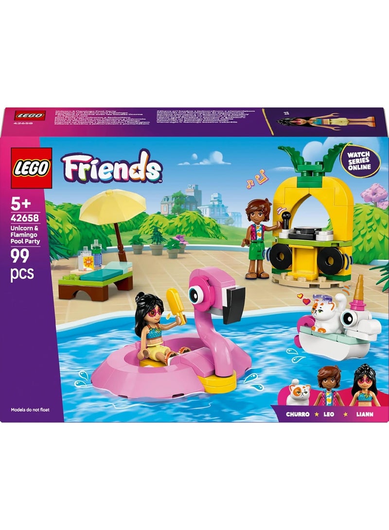LEGO لعبة حفلة بركة اليونيكورن والفلامنجو من LEGO Friends مع عوامات الحيوانات، دميتين صغيرتين، تشورو القط وإكسسوارات تشمل منصة دي جي وكراسي شمس - هدية إبداعية للفتيات من عمر 5 سنوات فما فوق - 42658 - Image 1